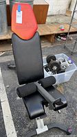 Bowflex workout bench with red backrest and black padded seat visible, accompanied by a plastic container holding multiple adjustable dumbbells.