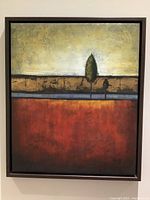 Framed abstract landscape painting with two stylized trees, layered earthy colors, and textured paint.