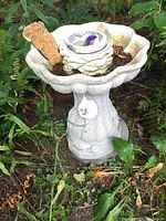 Photo of the first resin bird bath, white/light gray, with scalloped basin, and ornamental pedestal showing dirt and debris inside basin and around base.