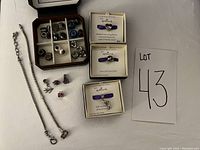 Full lot photo showing both bracelets, multiple charms sorted in a jewelry box, several charm boxes, and a handwritten lot number card