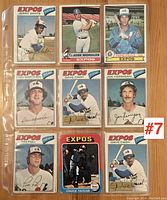 Photo showing all 9 Montreal Expos baseball cards arranged in a transparent card holder.