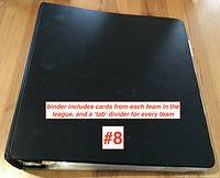 Closed black binder containing baseball cards organized with tabbed dividers for every team in the league.