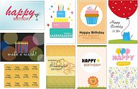 Birthday cards showing various colorful designs including cake, candles, cupcake, balloons, and confetti. Print on thick matte paper.