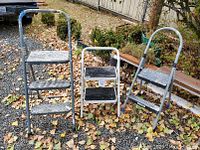 Photo showing all three ladders together outdoors on gravel with some leaves. Ladders vary in frame color and step surface color.