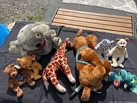 All plush items displayed on outdoor surface showing koala puppet, 4 Beanie Babies bears, polka dot dog plush, giraffe plush, and Scooby Doo plush