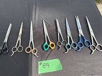 Full view of all 8 pairs of dog grooming scissors, highlights color and handle styles