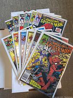 Photo showing a fan arrangement of 12 Spider-Man comic books in plastic sleeves, various issues visible.