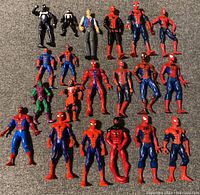 Group photo showing all 20 Marvel action figures including 16 Spider-Man variants and four other characters arranged on gray carpet.