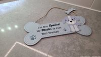 Full view of the wooden bone shaped wall sign with string hanger and a small wooden bone accent. Text reads 'I'm Not Spoiled My Master Is Just Well Trained'. A cartoon dog figure is attached.
