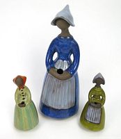 Front view of 3 Swedish flower girl ceramic vases of different sizes and colors, all signed JIE Gantofta