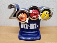 Front view of M&M's candy dispenser shaped as the number 2000 with red, yellow, and orange M&M characters. The blue base reads 'M&M's' and 'Official Candy of the New Millennium'.