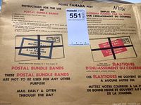 Canada Post postal bundle bands instruction sheet showing usage guidelines in English and French
