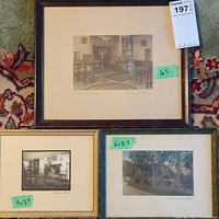 Three framed prints laid out on a carpet, showing varying frame sizes and Wallace Nutting signatures on each print.
