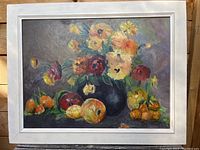 Full view of the oil on board painting featuring floral bouquet and fruit still life in vase.
