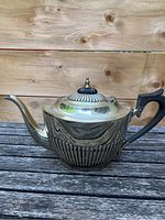 Side view of the silver plate teapot showing long spout, ribbed lower body, and black handle.