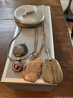 Photo showing three necklaces with distinct stone pendants, a silver beaver pin, and a fossil charm pendant on chain arranged on a box.