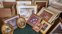 Nine assorted framed prints on floor, including floral themes and Victorian era ladies in period dress