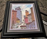Overhead view of framed print showing Russian townscape
