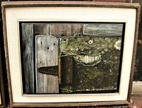 Frontal view of the signed oil painting with frame, showing the detailed subject of rusty hinge and wood textures and frame condition.