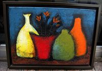 Framed Helena Barros oil painting showing modern still life with colorful vases and flowers against a blue background.