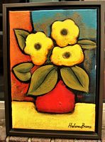 Frontal view of the Helena Barros oil painting on canvas featuring yellow flowers in a red vase, signed at bottom right.