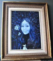 Photo showing signature and detailed view of framed "Rhapsody In Blue" painting by Miklos Farago.