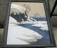 Front view of framed winter landscape Art Deco silkscreen lithograph signed by Rachelle Mondou on a textured woodgrain frame.