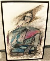 Full view of framed abstract portrait painting featuring a stylized woman with flowing hair in mixed colors.