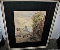 Framed painting against wall showing full artwork and frame