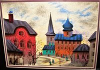 Close-up of artwork showing vibrant colors, architectural details and artist signature lower left