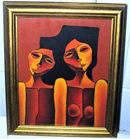 Front view of oil painting depicting two stylized female figures in warm red, orange and yellow tones, gold wood frame
