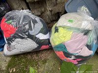 Two large clear plastic bags filled with assorted clothing items in various colors placed on mossy ground beside a tree stump and plastic container.