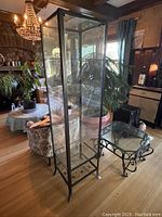 Full view of tall glass display cabinet placed in a room with wood flooring and various furniture and plants nearby. Shows metal frame, glass shelving stacked inside, and glass door.