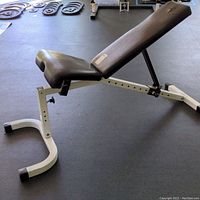 Side view of the adjustable incline workout bench showing the padded backrest and seat on a metal frame with plastic foot caps.