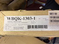 Close-up of product box label showing model number WBQK-1303-1, weight 45 lbs, pack of 2 drawers by Prepac Manufacturing Ltd, manufactured January 2019, compliant with CARB2 emission standards.