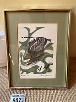 Full front view of the framed silkscreen print showing the bird in flight and abstract background with mat and frame.