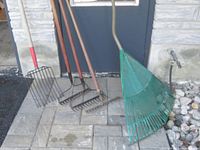 Garden tools arranged against a wall, including green leaf rake, manual edger, steel rakes, spades, and forks showing wear and some rust