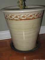 Full view of large beige ceramic planter sitting inside black metal saucer with a plant growing in it