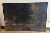 Full view of large oil on board painting with dark abstract composition and visible texture.