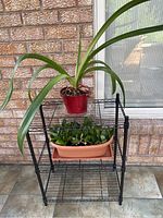 Front view of black metal 3 tier plant stand with a tall leafy green plant in red pot on the top shelf and a smaller leafy plant with multiple shoots in rectangular light brown pot on middle shelf, placed on outdoor tiled porch area with brick wall and window in background.