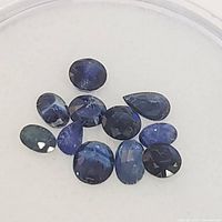 Close-up image showing multiple faceted blue sapphire gemstones in various shapes placed together inside a clear container.