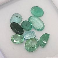 Top-down close-up photo of nine loose green emerald gemstones showing various cuts and sizes on a white surface.