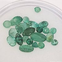 Multiple loose green emerald gemstones displayed on a clear surface, showing various cuts and inclusions.