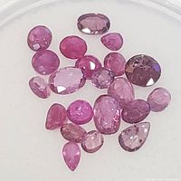 Multiple genuine ruby stones shown together on a white background, highlighting variety of shapes and shades.