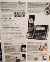 Box panel showing detailed features of the Panasonic KX-TG175C cordless phone set with Link2Cell, call block, baby monitor, caller ID, power outage operation, noise reduction, and app alerts.