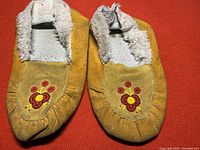 Top view of a pair of tan suede moccasins with white fluffy lining and multicolored beadwork of floral/butterfly pattern on the toes.