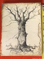 Front view of the tile showing the detailed black and white illustration of the leafless tree with intricate roots and twisted branches.