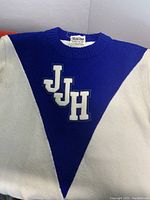 Front close-up view of the knit vintage cheerleading sweater showing the JJH letters and knit texture.