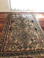 Full view of rug on hardwood floor showing overall pattern, colors and condition
