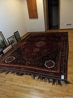 Full view of the rug laid flat on hardwood floor showing overall pattern, color and fringe.